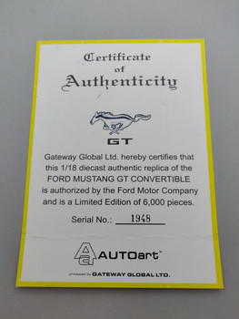 Ford Mustang GT Convertible Yellow - Certificate #1948 Ford Mustang GT Convertible Yellow - Certificate #1948