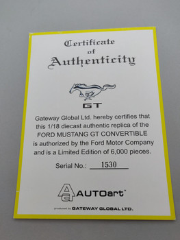 Ford Mustang GT Convertible Yellow - Certificate #1530 Ford Mustang GT Convertible Yellow - Certificate #1530