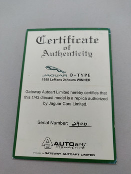 Jaguar D-Type 1955 Lemans Winner - Certificate #2900 Jaguar D-Type 1955 Lemans Winner - Certificate #2900