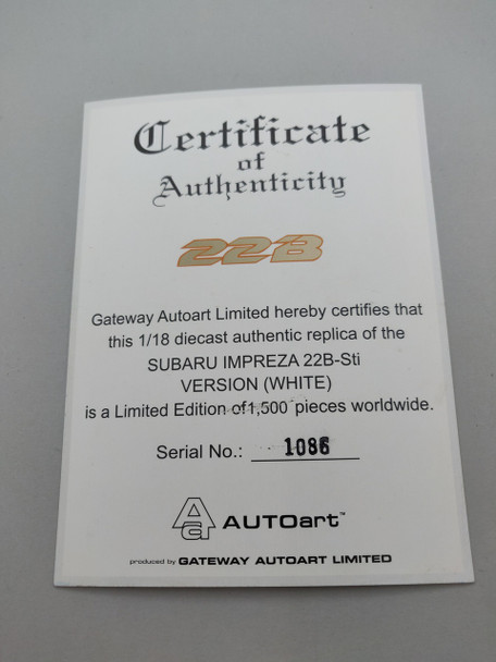 Subaru Impreza 22B White - Certificate #1086