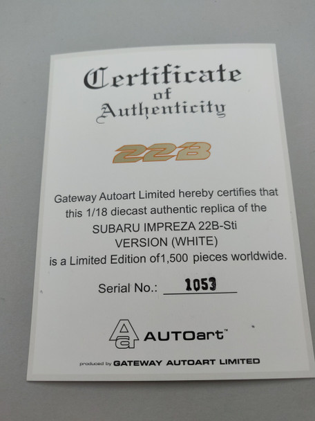 Subaru Impreza 22B White - Certificate #1053