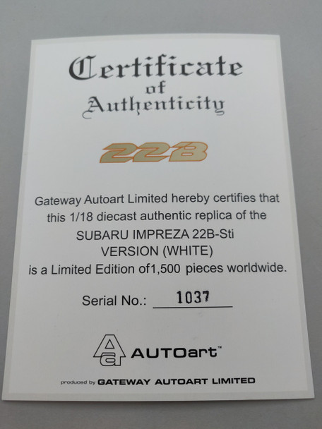 Subaru Impreza 22B White - Certificate #1037