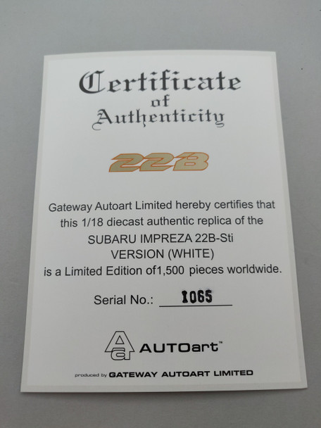 Subaru Impreza 22B White - Certificate #1065