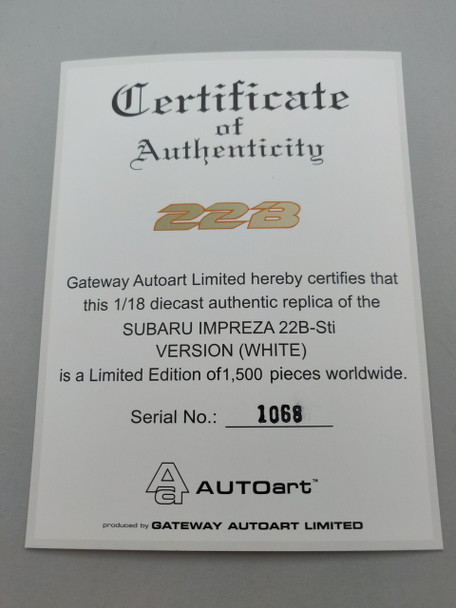 Subaru Impreza 22B White - Certificate #1068