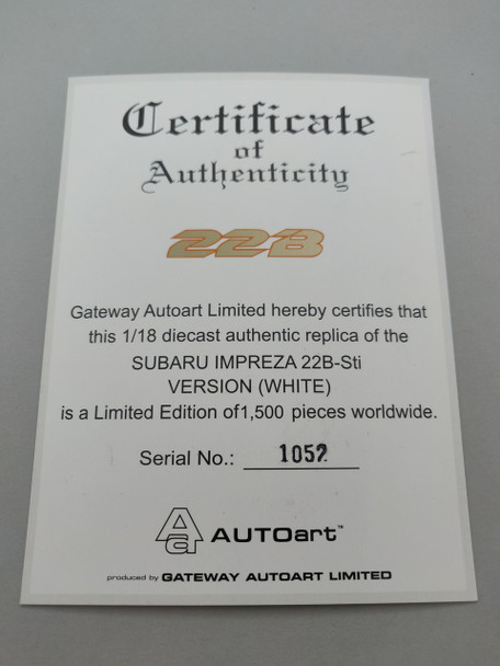 Subaru Impreza 22B White - Certificate #1052