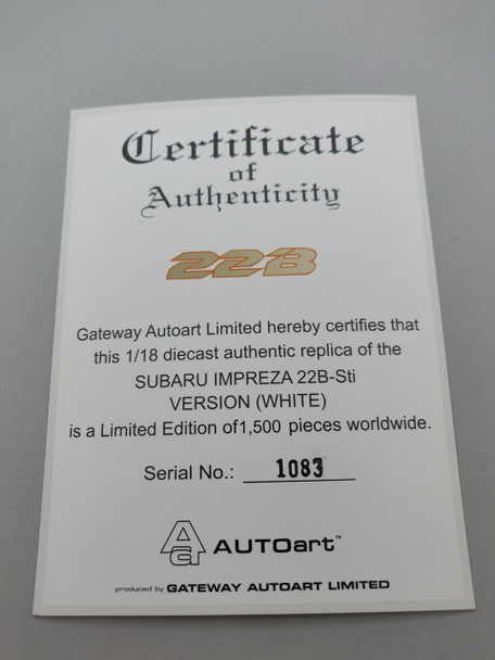 Subaru Impreza 22B White - Certificate #1083