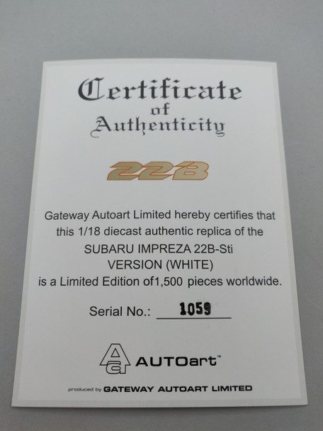 Subaru Impreza 22B White - Certificate #1059