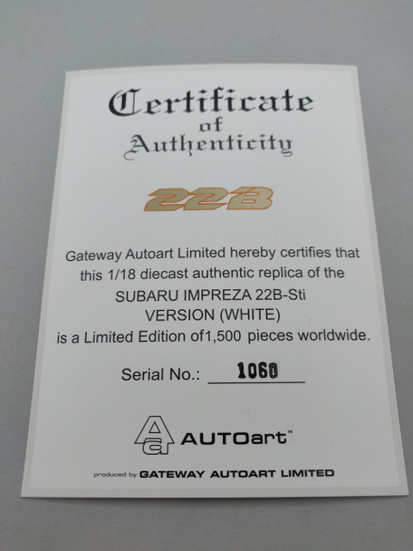 Subaru Impreza 22B White - Certificate #1060