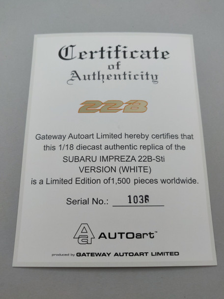 Subaru Impreza 22B White - Certificate #1036