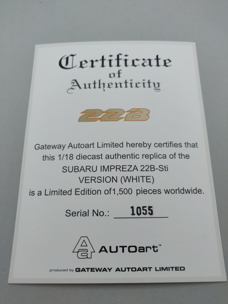 Subaru Impreza 22B White - Certificate #1055