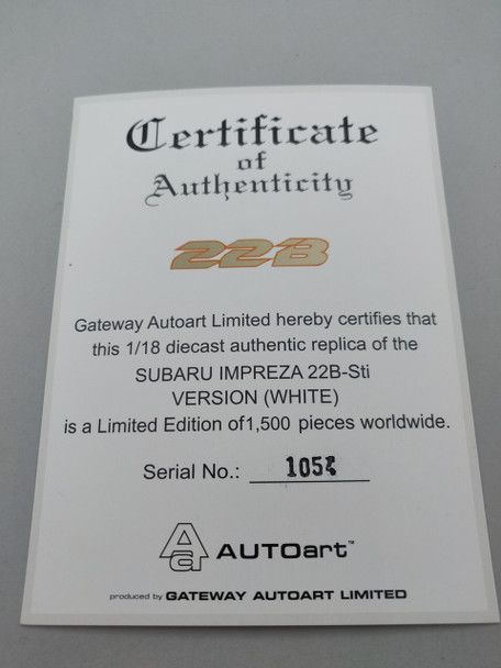 Subaru Impreza 22B White - Certificate #1054