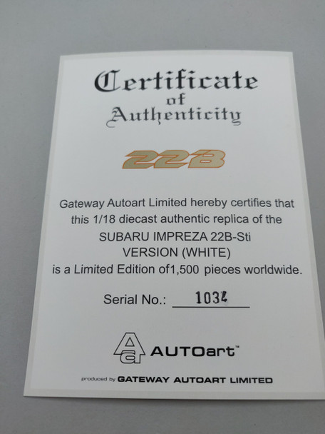 Subaru Impreza 22B White - Certificate #1034