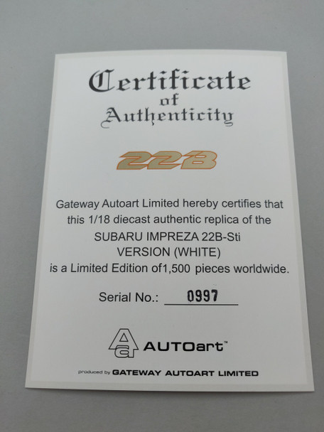 Subaru Impreza 22B White - Certificate #0997