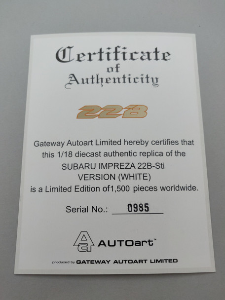 Subaru Impreza 22B White - Certificate #0985