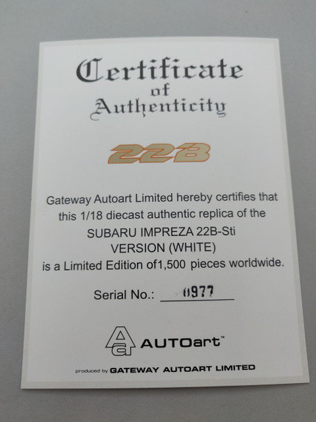 Subaru Impreza 22B White - Certificate #0977