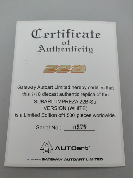 Subaru Impreza 22B White - Certificate #0975