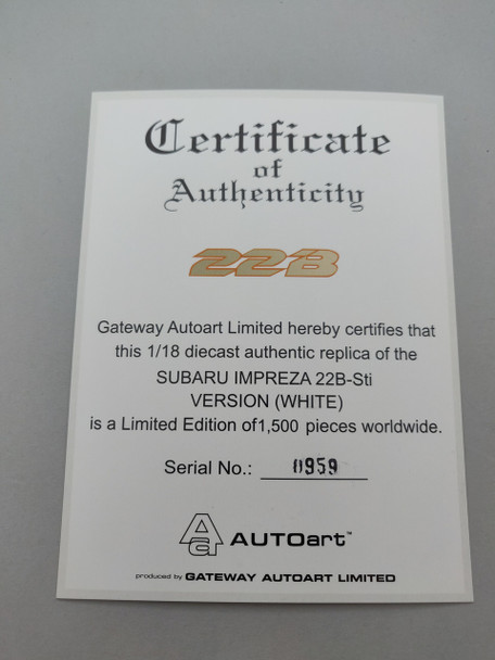 Subaru Impreza 22B White - Certificate #0959