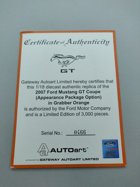 Ford Mustang GT Coupe Grabber Orange - Certificate