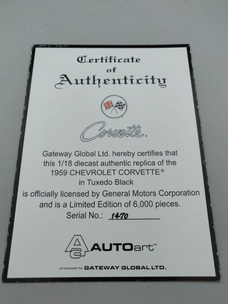 1959 Chevrolet Corvette Tuxedo Black - Certificate