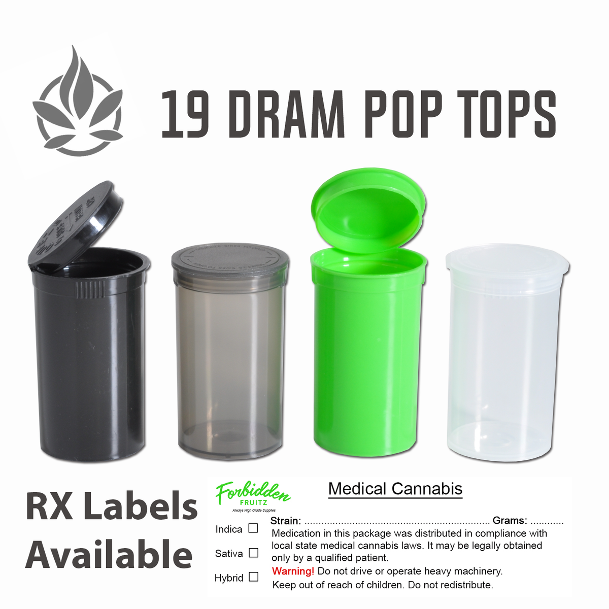 ForbiddenFruitz 19 Dram Pop Top Storage Containers with RX Labels