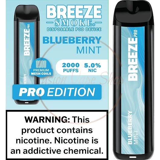Shop Breeze Pro 2000 Blueberry Mint disposable vape at Fusion Vape Shop. Enjoy 2000 puffs of refreshing blueberry mint flavor, 5% nicotine strength, and long-lasting battery life. Fast shipping and unbeatable prices.