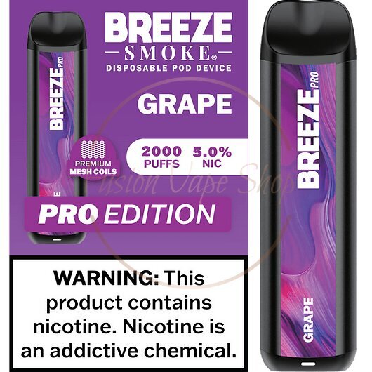 Indulge in the Breeze Pro 2000 Grape at Fusion Vape Shop. Experience 2000 puffs of luscious grape flavor with 5% nicotine and a long-lasting battery. Enjoy unbeatable prices and fast shipping. We love to serve you.