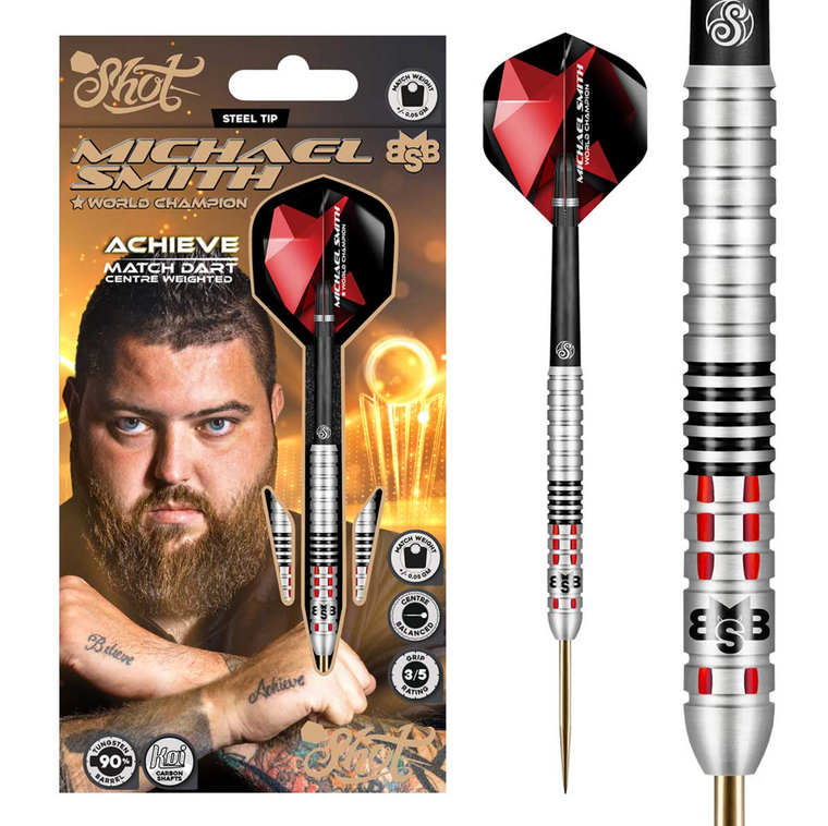 Shot Michael Smith Achieve Steel Tip Dart Set-90% Tungsten Centre Weighted