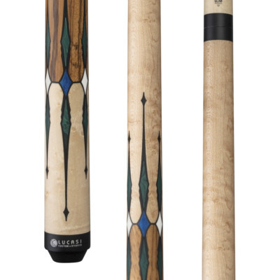 LUX64 | Matte Birdseye Maple, Malachite pts w/ alternating Blue & White Recon inlays, Zebrawood Wrapless Handle