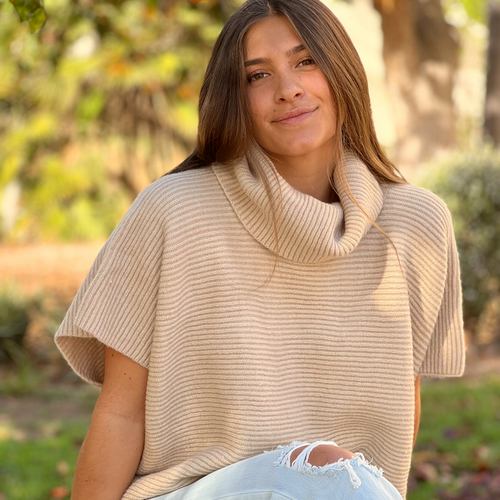 Beige Ribbed Cowl Neck Short Sleeve Sweater