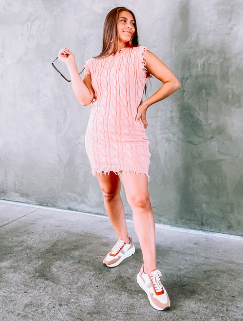 Peach Cable Frayed Dress