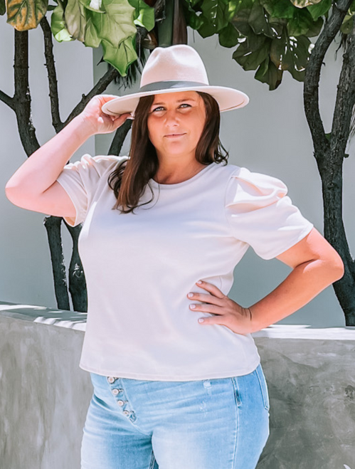 Plus Size Cream Puff Sleeve Crew Neck Tee