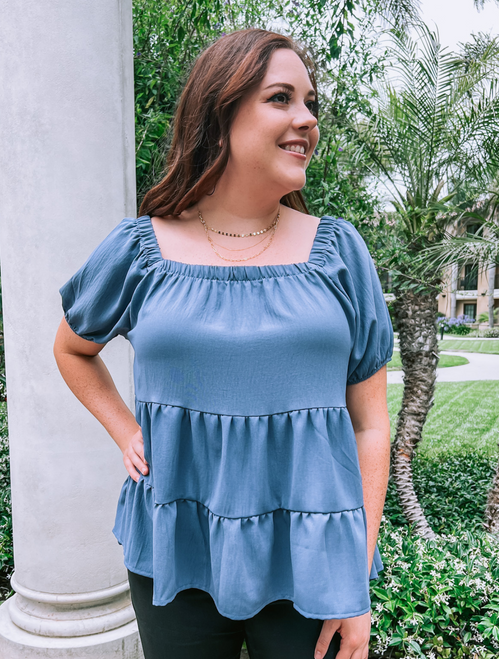 Plus Size Navy Square Neck Tiered Top