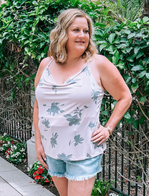 ON SALE- Plus Size Cream & Sage Scoop Neck Criss-Cross Back Floral Top