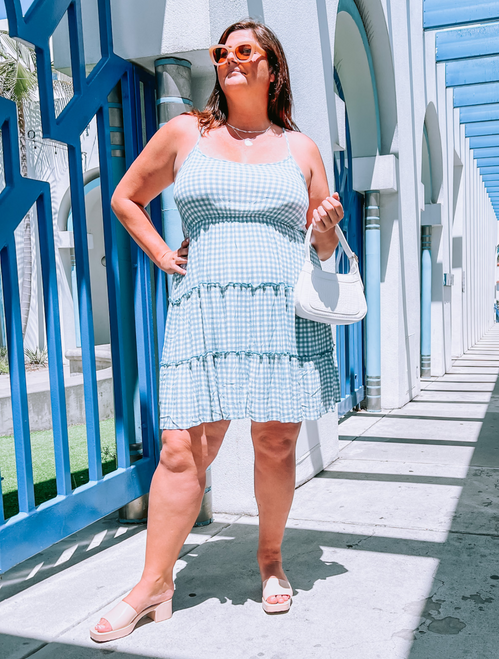 ON SALE- Plus Size Blue & White Spaghetti Strap Criss-Cross Back Tiered Gingham Dress