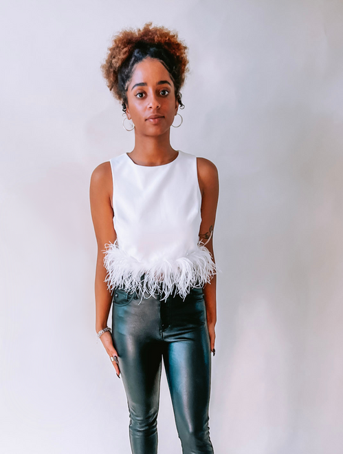 White Sleeveless Satin Crop Top with Feather Trim
