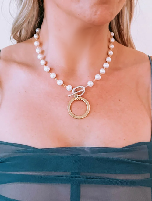 Tasman Freshwater Pearl Necklace with Hammered Ring Pendant