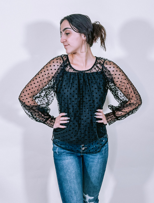 ON SALE- Black Sheer Polka Dot Blouse with Shell Tank Top