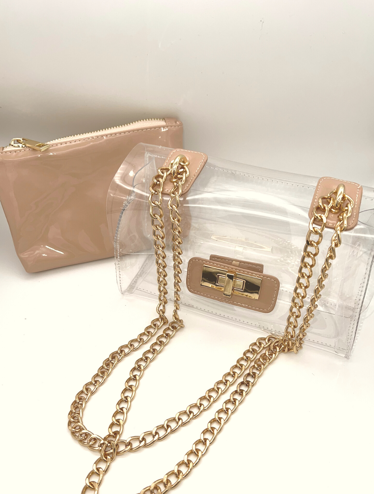 Colette Clear Purse with Gold Chain Shoulder Strap | Goujee Boutique