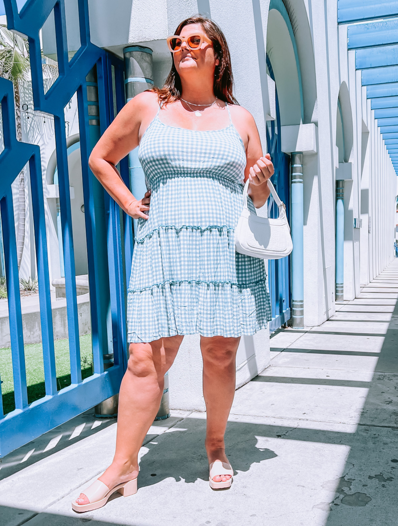 Plus Size Blue & White Spaghetti Strap Criss-Cross Back Tiered Gingham Dress