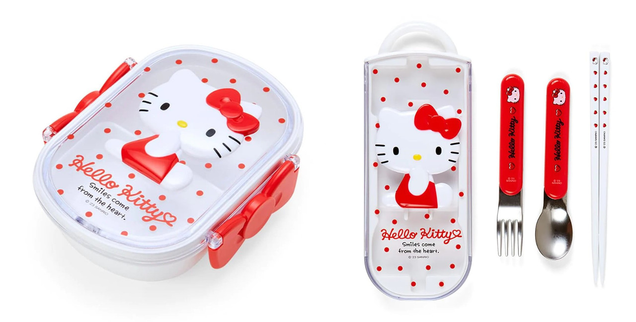 HELLO KITTY RELIEF LUNCH BOX & TRIO CUTLERY SET COMBO by Sanrio Originals  Japan - O'Smiley's Dolls & Collectibles, LLC