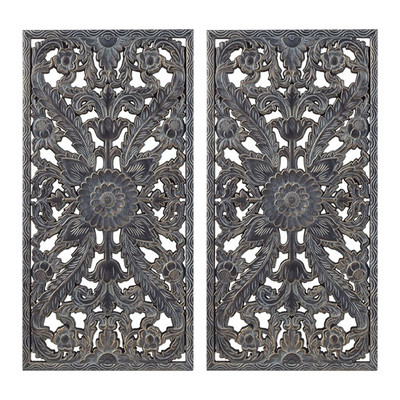 Botanical Panel Carved Wood 2 Piece Wall Decor Set Antique Blue