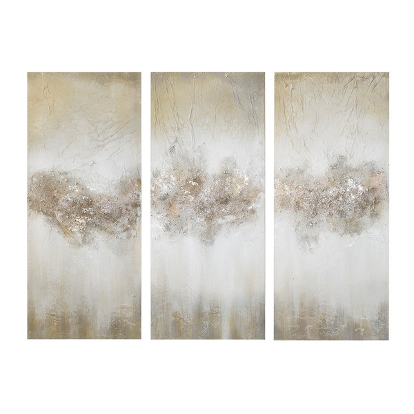 Luminous Heavily Embellished 3 Piece Canvas Wall Art Set Taupe