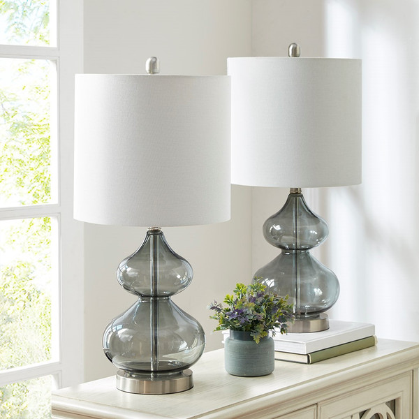Elegant gray glass table lamp set with shades.