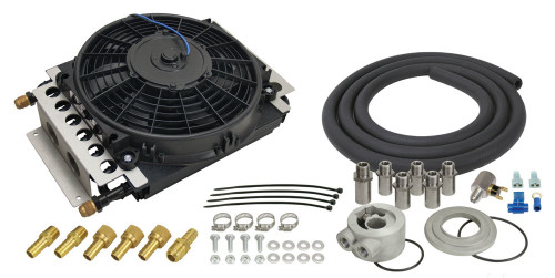 Fluid Cooler and Fan - 11 x 5.75 x 0.875 in - Tube Type - 8 AN Male Inlet / Outlet - Adapter / Fittings / Hardware / Hose - Aluminum - Black Powder Coat - Automatic Transmission - Kit