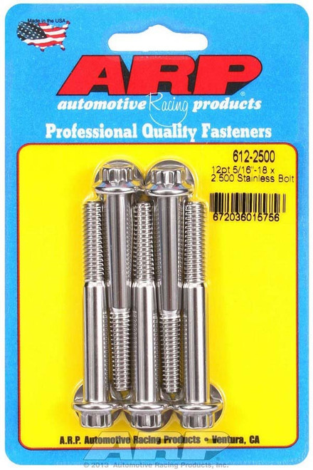 Bolt - 5/16-18 in Thread - 2.5 in Long - 3/8 in 12 Point Head - Stainless - Polished - Universal - Set of 5