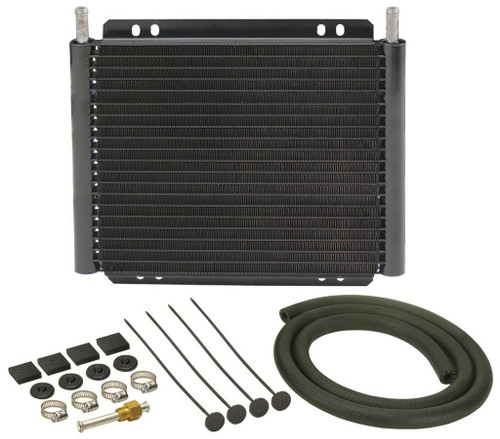Fluid Cooler - 11 x 9.25 x 0.875 in - Plate and Fin Type - 3/8 in Hose Barb Inlet / Outlet - Fitting / Hardware / Hose - Aluminum - Black Powder Coat - Automatic Transmission - Kit