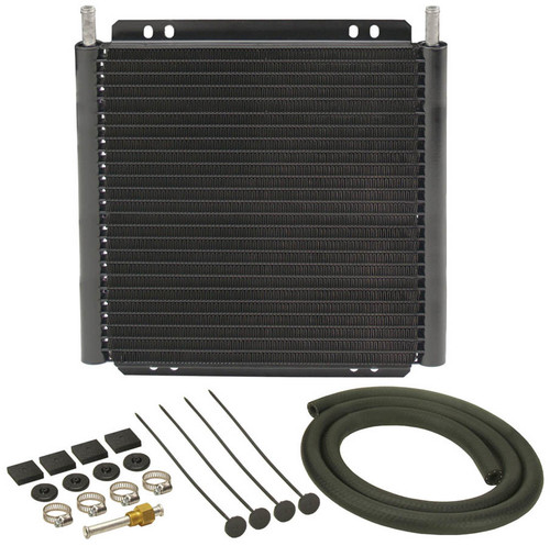 Fluid Cooler - 11 x 11.75 x 0.875 in - Plate and Fin Type - 11/32 in Hose Barb Inlet / Outlet - Fitting / Hardware / Hose - Aluminum - Black Powder Coat - Automatic Transmission - Kit