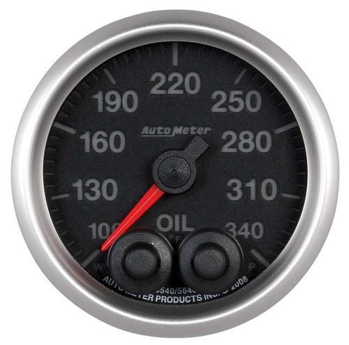Oil Temperature Gauge - Elite Series - 100-340 Degree F - Electric - Analog - Full Sweep - 2-1/16 in Diameter - Peak and Warn - Black Face - Each Oil Temperature Gauge - Elite Series - 100-340 Degree F - Electric - Analog - Full Sweep - 2-1/16 in Diameter - Peak and Warn - Black Face - Each