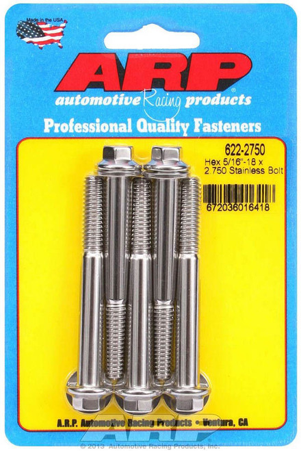 Bolt - 5/16-18 in Thread - 2.75 in Long - 3/8 in Hex Head - Stainless - Polished - Universal - Set of 5