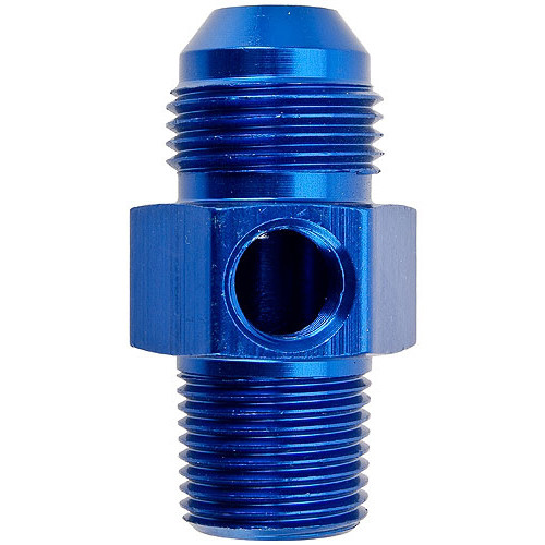 Fitting - Gauge Adapter - Straight - 6 AN Male to 3/8 in NPT Male - 1/8 in NPT Gauge Port - Aluminum - Blue Anodized - Each Fitting - Gauge Adapter - Straight - 6 AN Male to 3/8 in NPT Male - 1/8 in NPT Gauge Port - Aluminum - Blue Anodized - Each